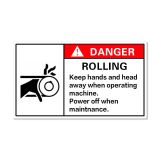 Waterproof Danger Sign-Rooling, Keep Hands and Head Away When Operating Machine, Safety Sticker 100x50mm