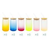 US Stock CALCA 6colors x 8packs 16oz Sublimation Frosted Gradient Glass Mug Blanks Beer Glass Cans With Lid and Straw