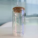 CALCA 25pcs Sublimation Clear Rainbow Iridescent Glass Can Blanks with Bamboo Lid Mason Jar Cups Mug With Plastic Straw