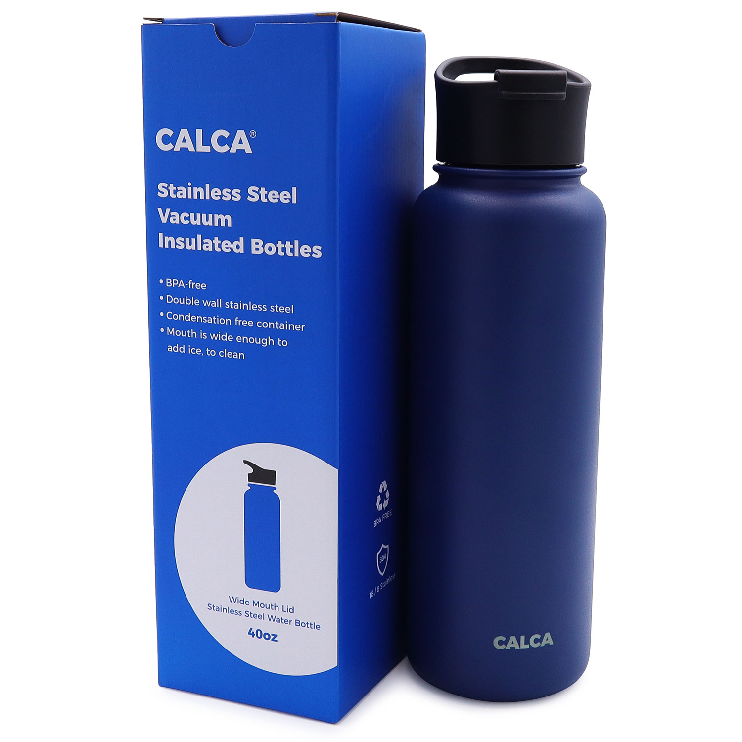 CALCA 40oz Wide Mouth Lid Stainless Steel Water Bottle with Double Wall Vacuum Insulated
