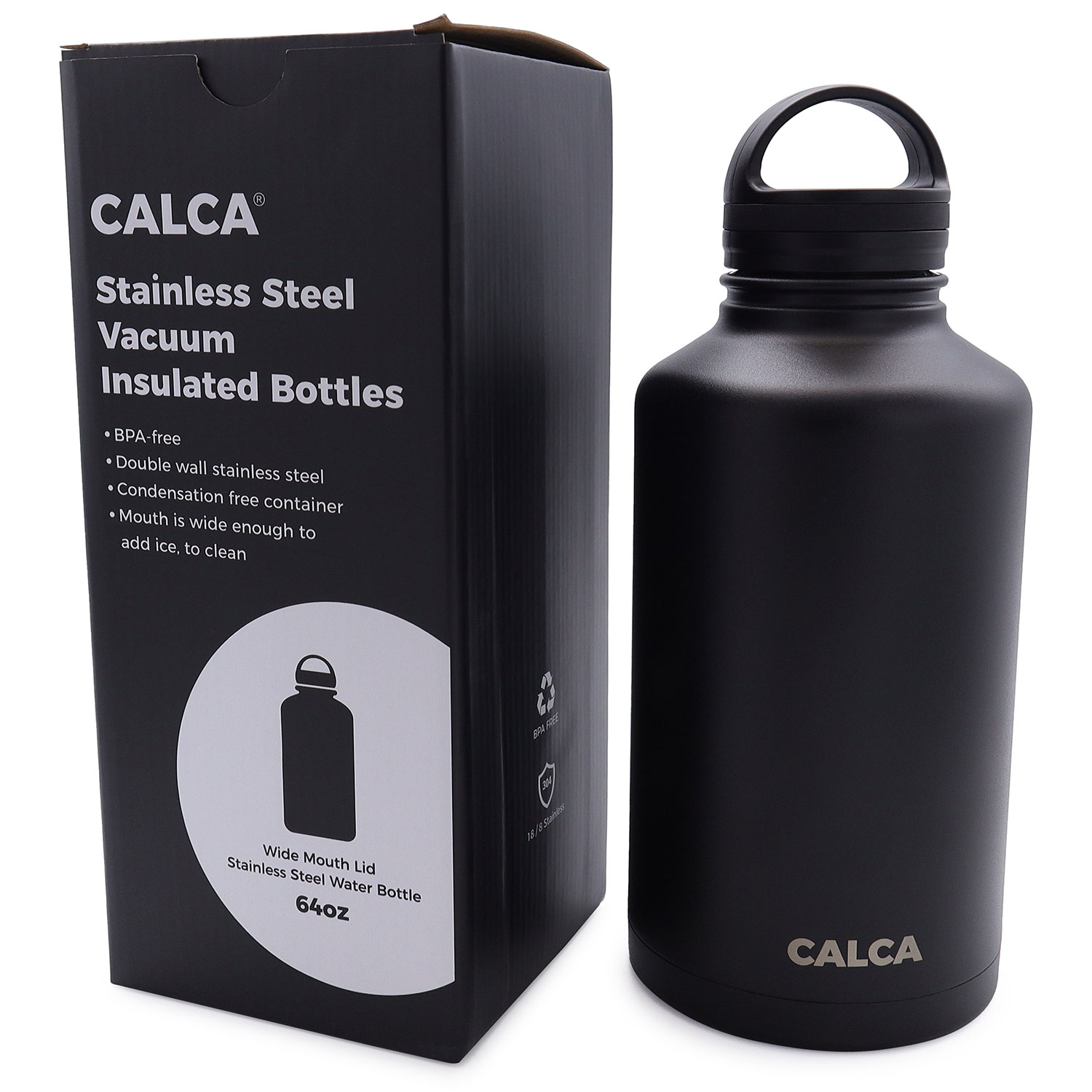 CALCA 64oz Wide Mouth Lid Stainless Steel Water Bottle with Double Wall Vacuum Insulated-Travel Cup