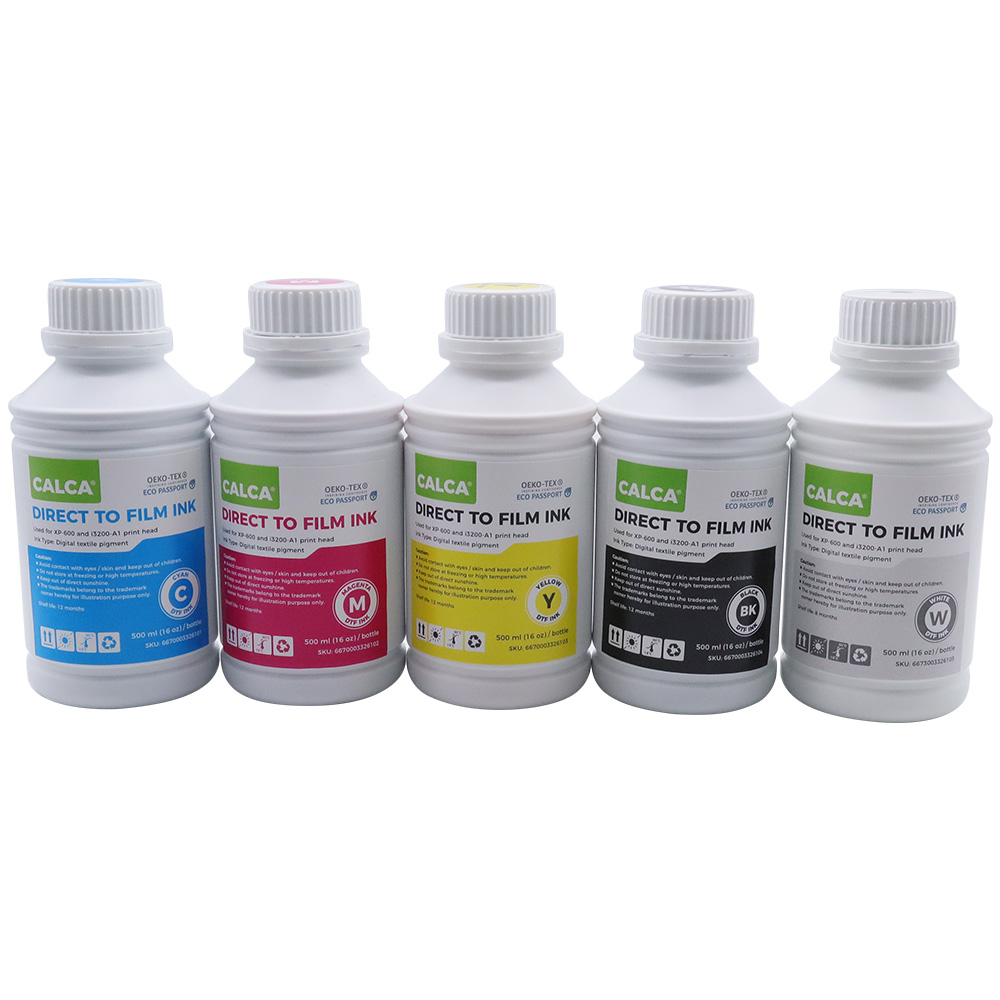 5 Colors(C M Y K W) CALCA Direct to Transfer Film Ink for Epson Printheads. 80 oz, Bottle of 500ml, Water-based DTF Inks
