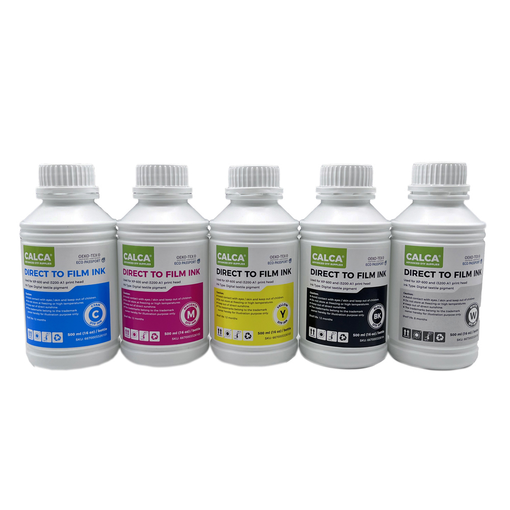 5 Colors(C M Y K W) CALCA Direct to Transfer Film Ink for Epson Printheads. 80 oz, Bottle of 500ml, Water-based DTF Inks