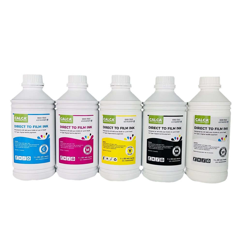 5 Colors(C,M,Y,K,W) CALCA Direct to Transfer Film Ink for Epson Printheads. 32 oz, Bottle of 1L, Water-based DTF Inks