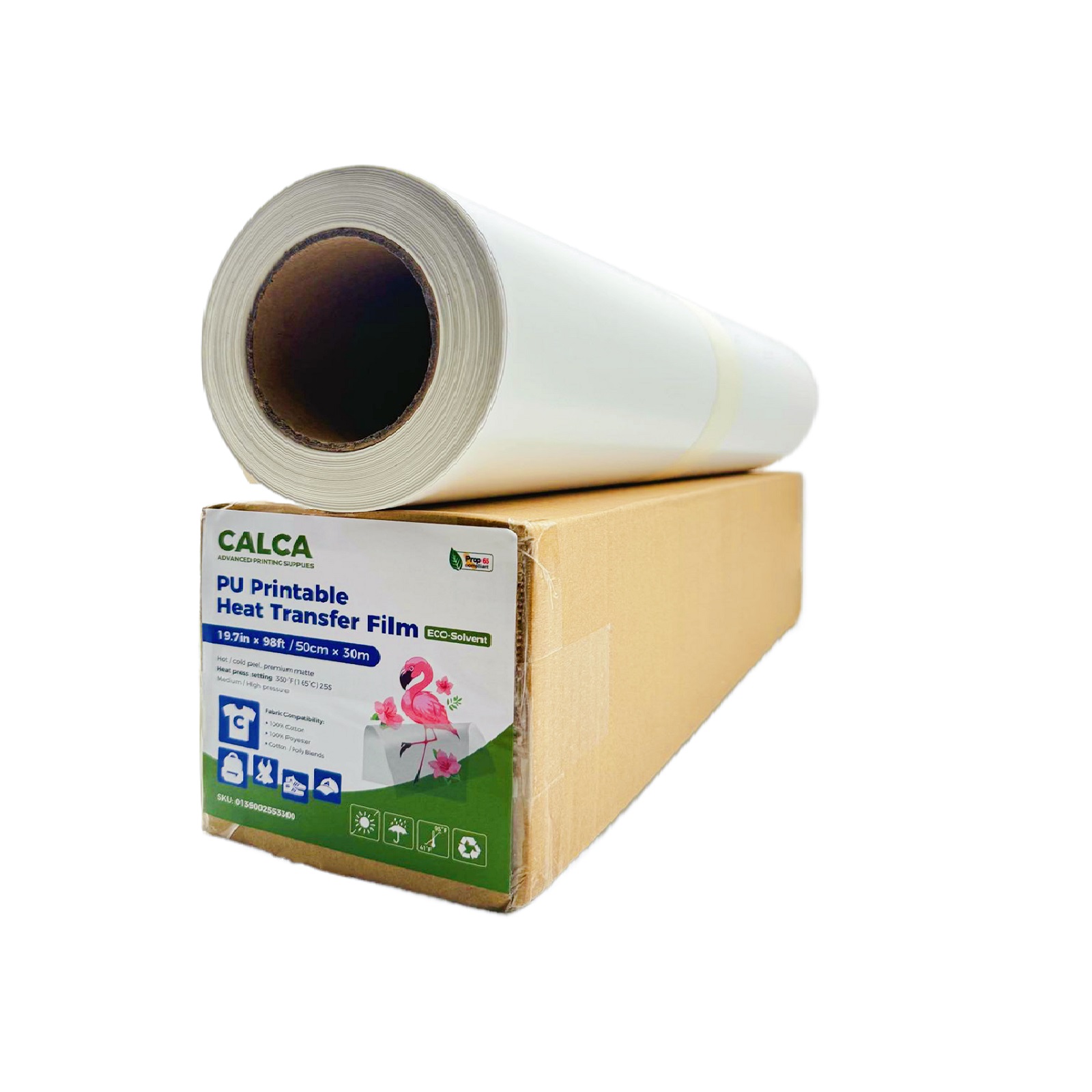 CALCA 19.7" x 98&acute; White PU Heat Transfer Vinyl Roll, 270 Micron Eco-Solvent Printable HTV for Dark Fabric T-Shirts