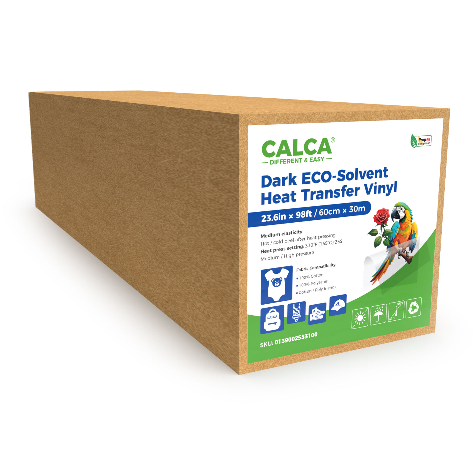 US Stock, CALCA 23.6" x 98&acute; White PU Heat Transfer Vinyl Roll, 280 Micron Eco-Solvent Printable HTV for Dark Fabric T-Shirts, Medium Stretch Elasticity