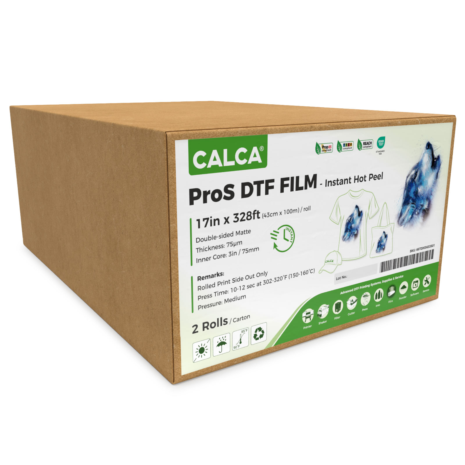 2 Rolls/Pack CALCA ProS Instant Hot Peel 17in x 328ft/43cm x 100m DTF Transfer Film