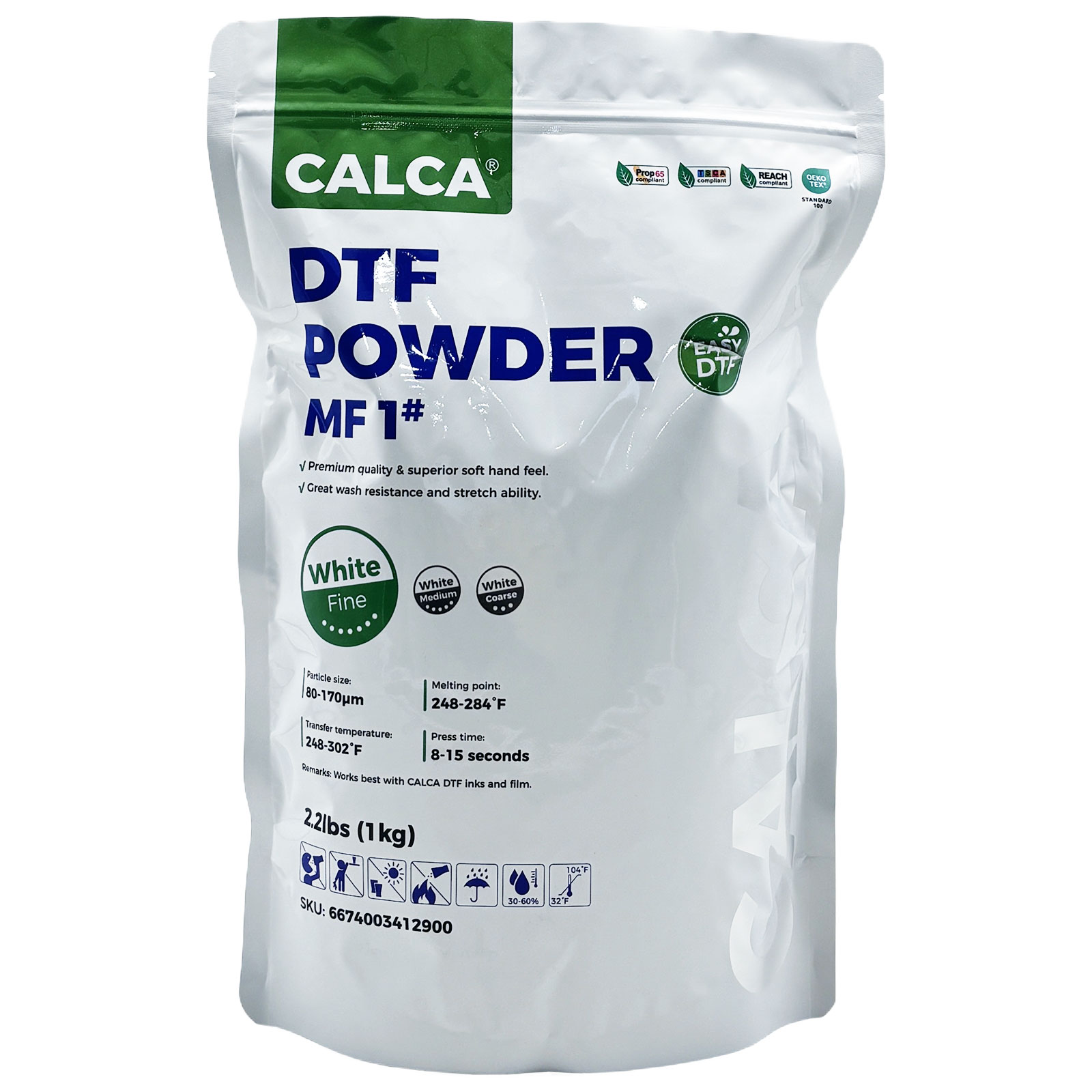 South Korea Stock CALCA MF1 Direct to Film TPU DTF Powder, Digital Transfer Hot Melt Adhesive Powder (2.2lbs Pack, 1kg, Fine, White)