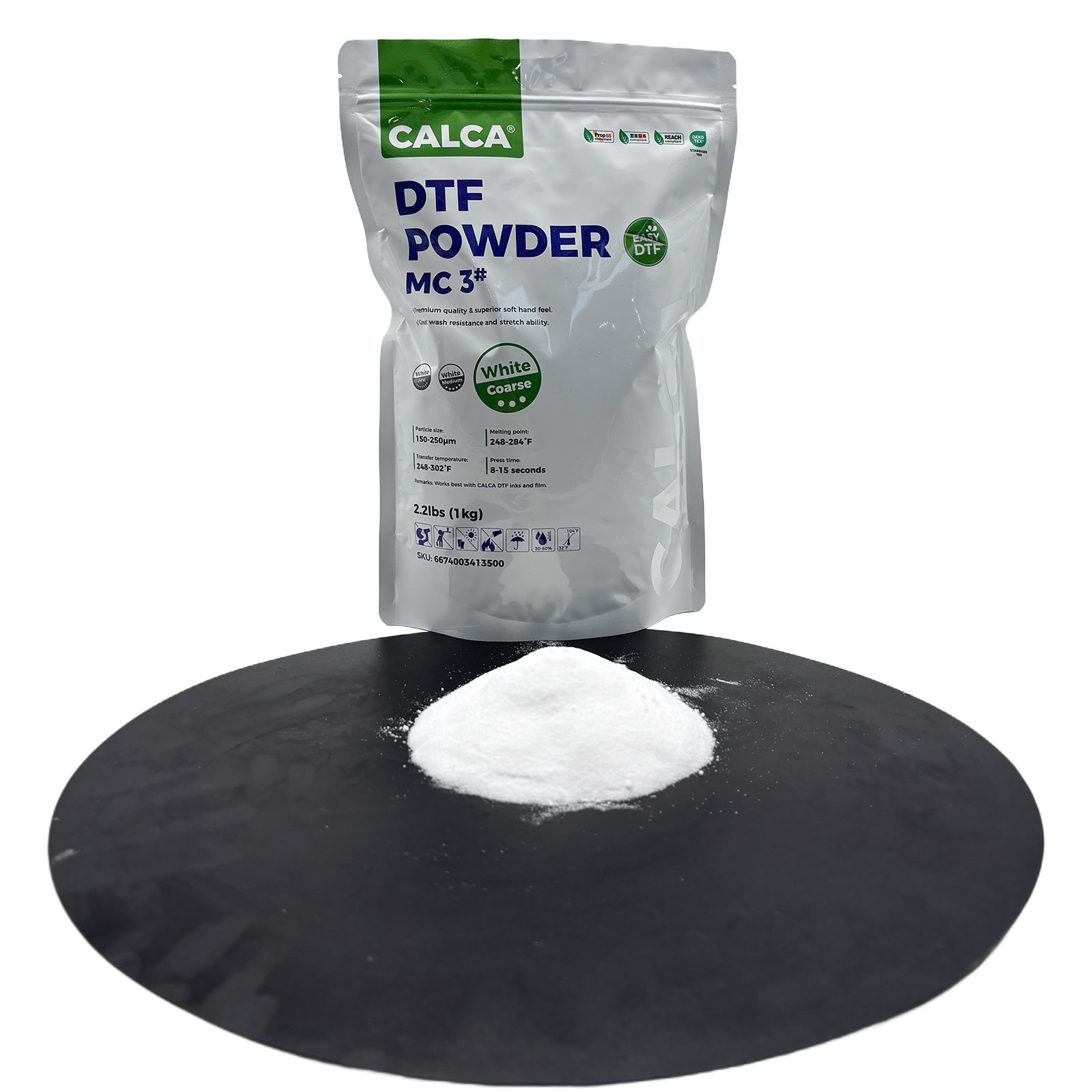Spain Stock CALCA MC3 Direct to Film TPU DTF Powder, Digital Transfer Hot Melt Adhesive Powder (2.2lbs Pack, 1kg, Coarse, White)