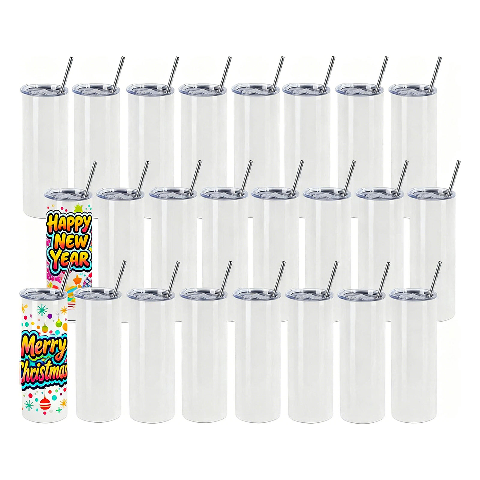 US Stock-CALCA 25 Pack 20oz Glossy Sublimation Blank Skinny Tumbler Stainless Steel Vacuum Insulated Travel Cup with Lid & Straw