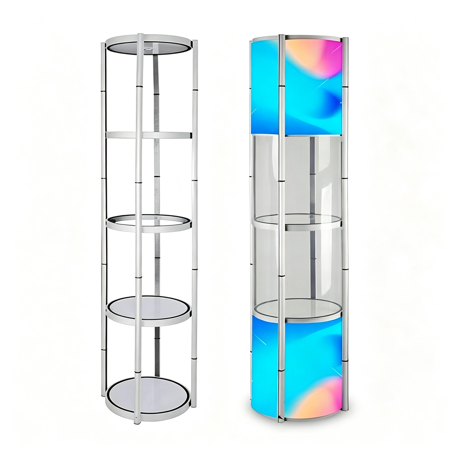 US Stock, 81.1in Portable Round Twist Display Counter with Shelves, Top Light with 16pcs Clear Magnetic Panels(Local Pick-Up)