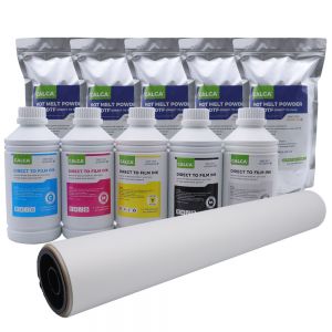 CALCA 24in DTF Film Rolls Printing Starter Supply Pack (1L CMYK, 1L W Ink, 11 lbs Powder, 24in Roll Film)
