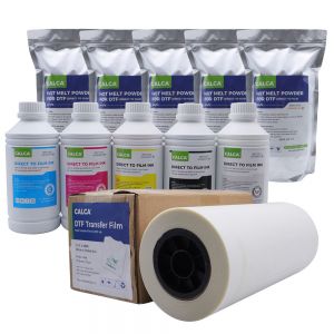 CALCA A3 DTF Film Rolls Printing Starter Supply Pack (1L CMYK, 1L W Ink, 11 lbs Powder, A3 Roll Film)