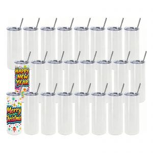 US Stock-CALCA 25 Pack 20oz Glossy Sublimation Blank Skinny Tumbler Stainless Steel Vacuum Insulated Travel Cup with Lid & Straw