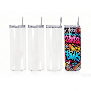 UK Stock-CALCA 10 Pack 20oz Glossy Sublimation Blank Skinny Tumbler - Stainless Steel Vacuum Insulated Travel Cup with Lid & Straw
