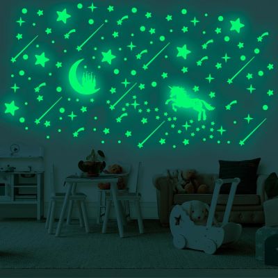 296 Pcs Glow in Dark Stars and Unicorn Wall Decals, DIY Glow in The Dark Stars for Ceiling, Nursery Room and Home Decoration