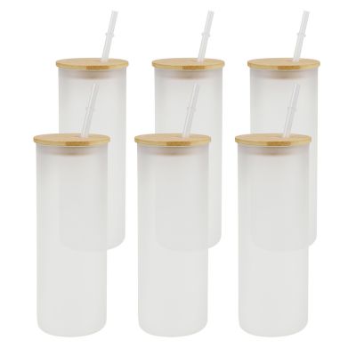 US Stock, CALCA 25pcs 25oz Sublimation Blanks Frosted Glass Tumbler Skinny  Straight Travel Bottle with Bamboo Lid and Plastic Straw Jar Tumbler Cups  Mugs $147.03