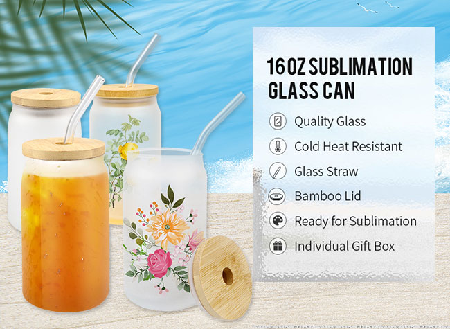 8/12 Pack Sublimation Glass Cups Blanks With Bamboo Lid 16 OZ Clear Glass  Beer Cans Mason Jar For Iced Coffee Juice Soda Drinks