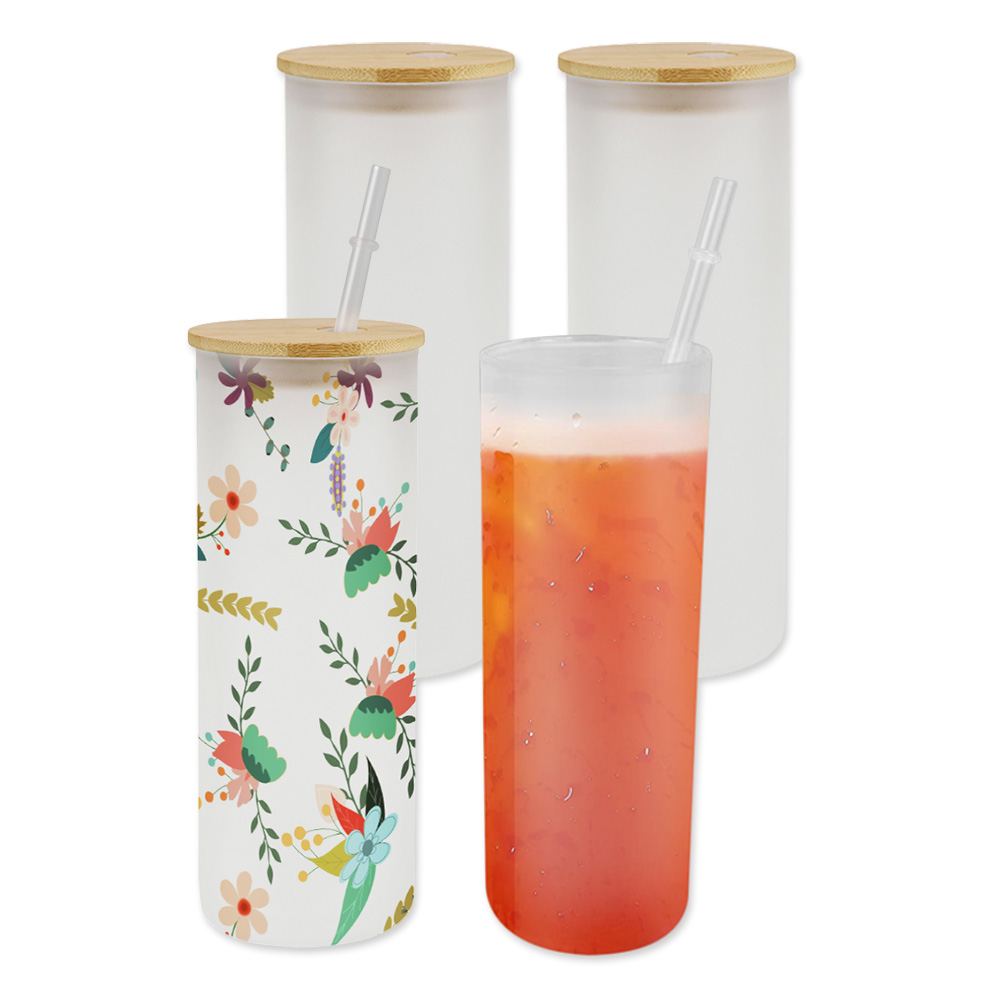 US Stock, CALCA 25pcs 25oz Sublimation Blanks Frosted Glass Tumbler Skinny  Straight Travel Bottle with Bamboo Lid and Plastic Straw Jar Tumbler Cups  Mugs $147.03