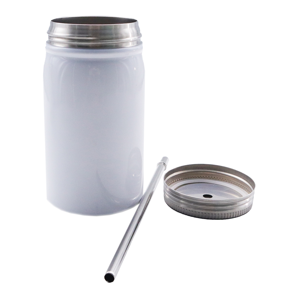 17oz White Stainless Steel Mason Jar with Lid and Straw